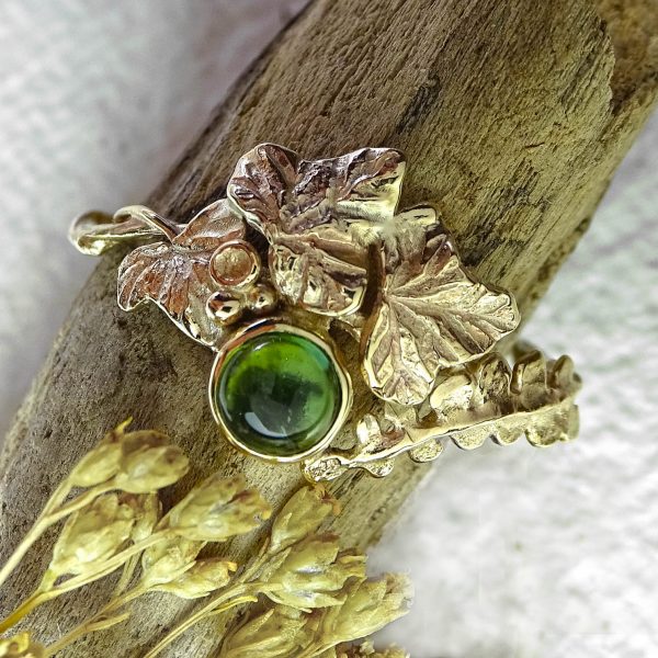 Entwining Fern and Ivy Leaves ring, Green Tourmaline cabochon, 5mm, 9ct gold