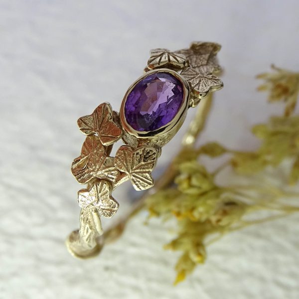 Entwining Ivy leaves ring, Purple Sapphire 6mm x 4mm, 9ct gold