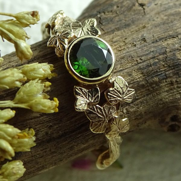 Entwining Ivy Leaves ring, Green Tourmaline, 5mm, 9ct gold