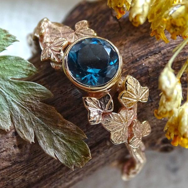 Entwining Ivy leaves ring, London Blue Topaz 5mm, 9ct gold