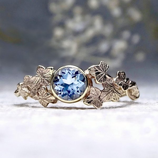 Entwining Ivy Leaves ring, Aquamarine, 5mm, 9ct gold - Image 4