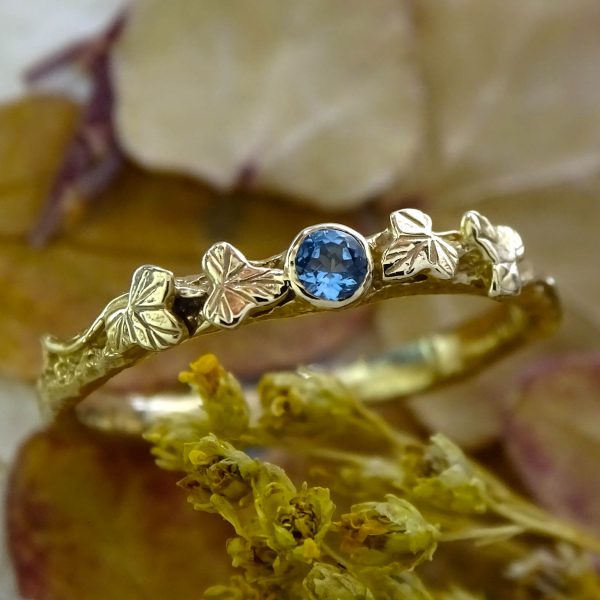 Entwining Ivy Leaves ring, Aquamarine, 2.5mm, 9ct gold