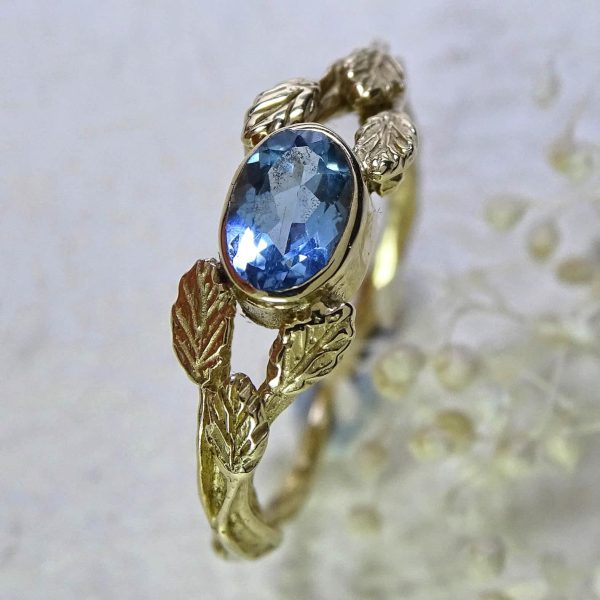 Entwining Leaves ring, Aquamarine 6mm x 4mm, 9ct gold