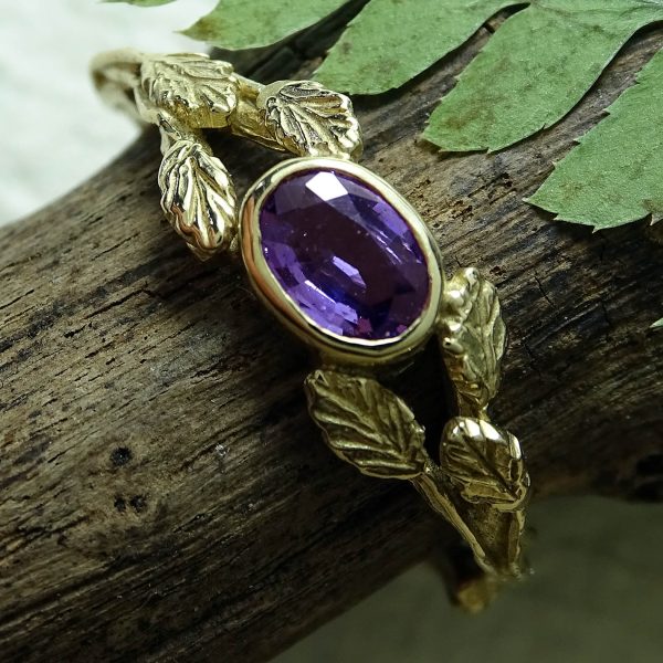 Entwining Leaves, Purple Sapphire 6mm x 4mm, 9ct gold