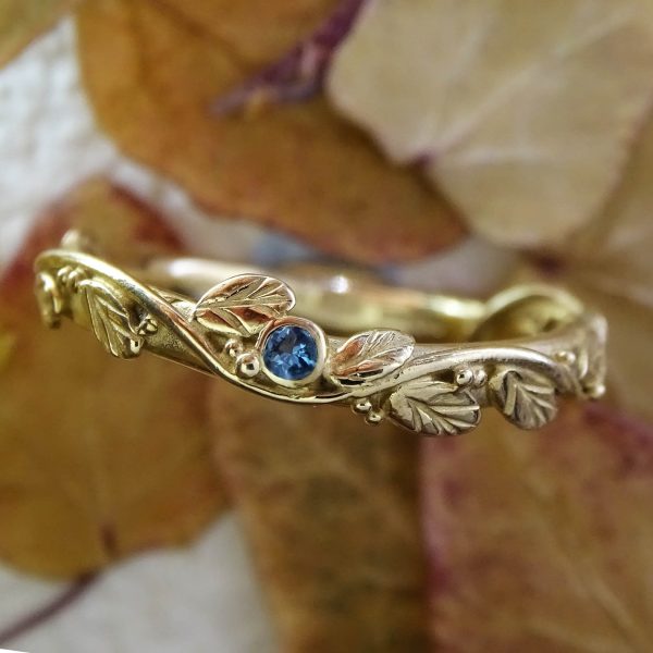 Entwining leaves ring, Aquamarine 1.75mm, 9ct gold