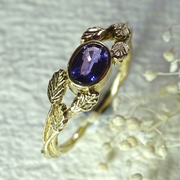 Entwining Leaves, Purple Sapphire 6mm x 4mm, 9ct gold - Image 2