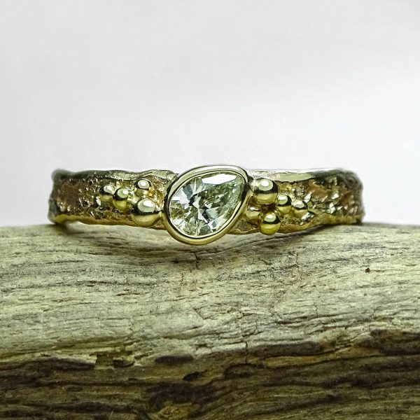 Bark Seed Cluster ring, Pear cut Diamond, salt and pepper, 6mm x 4mm, 9ct gold - Image 3